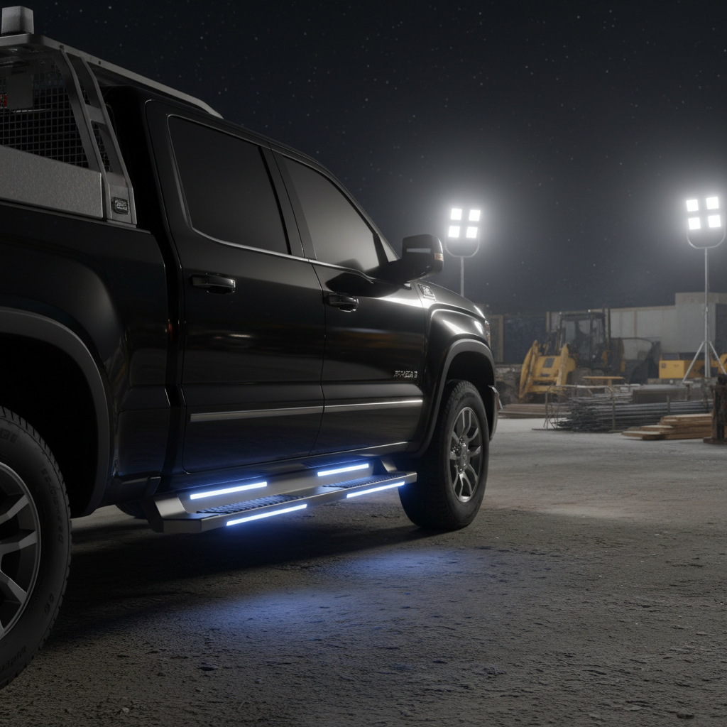 AMP Research PowerStep electric retractable running boards extending from contractor pickup truck with LED lighting