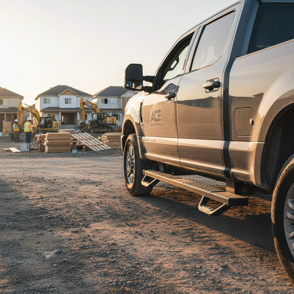 Black aluminum universal side step running boards on contractor pickup truck at job site