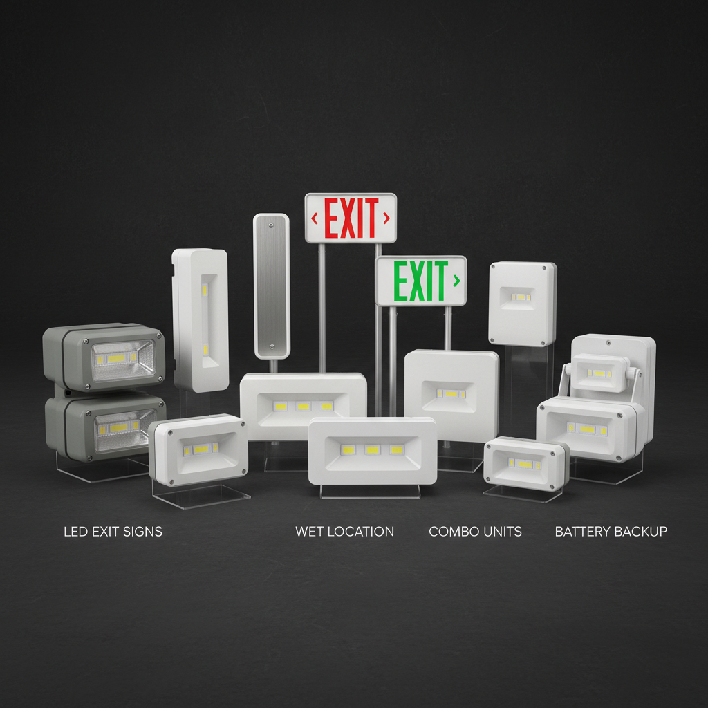 LEONLITE emergency lighting lineup — exit signs, wet location emergency lights, combo units