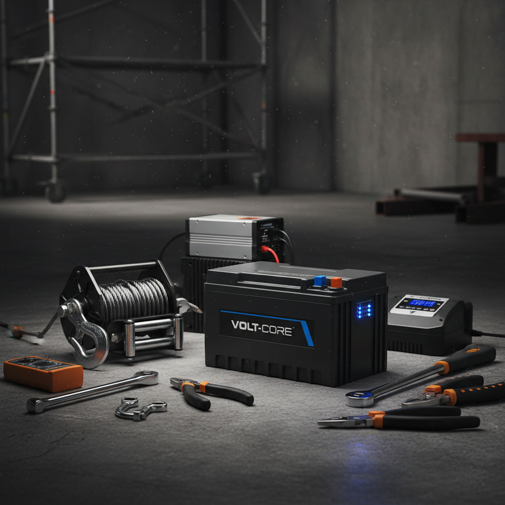 Electric UTV and golf cart accessories including lithium battery, winch, and charger for job site vehicles