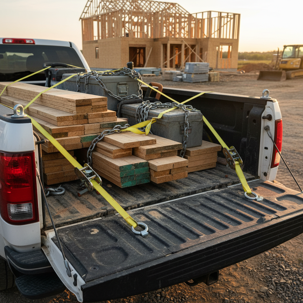 Heavy duty yellow ratchet straps and chain tie-downs securing load in contractor truck bed