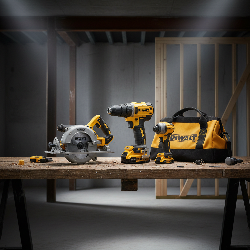 DEWALT professional power tools display on job site workbench