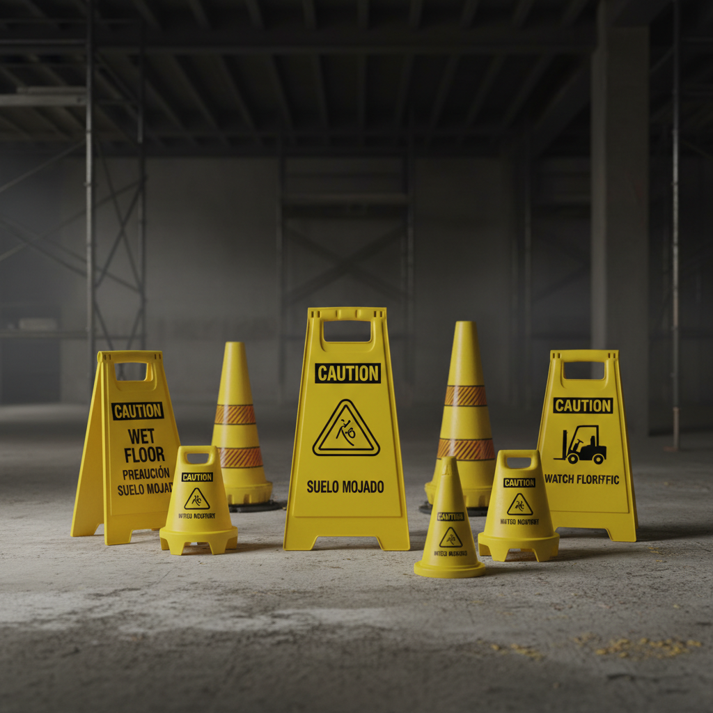 Caution wet floor signs collage — A-frame yellow signs, pop-up cone style, bilingual and forklift caution floor signs