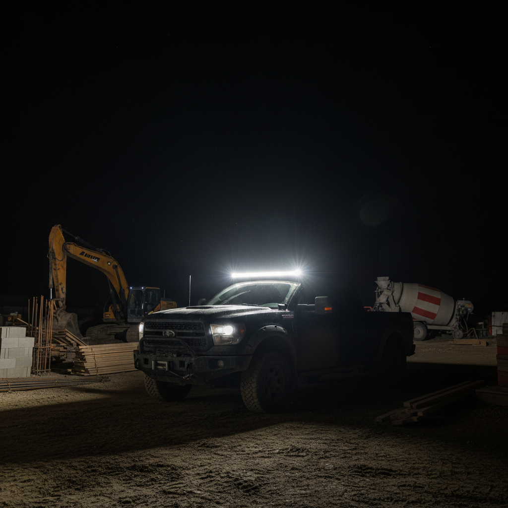LED light bar mounted on contractor pickup truck illuminating dark job site at night