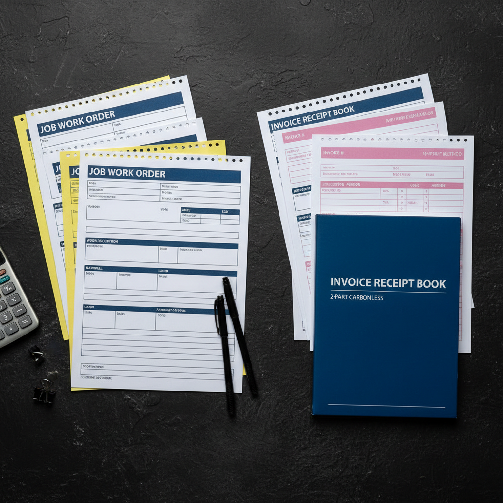 Carbonless job work order forms and invoice receipt books for contractors