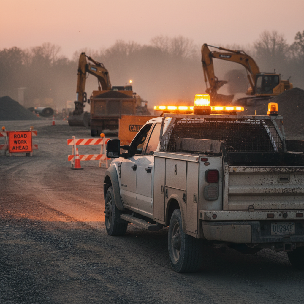 Amber magnetic LED strobe beacon light on contractor work truck at job site dusk