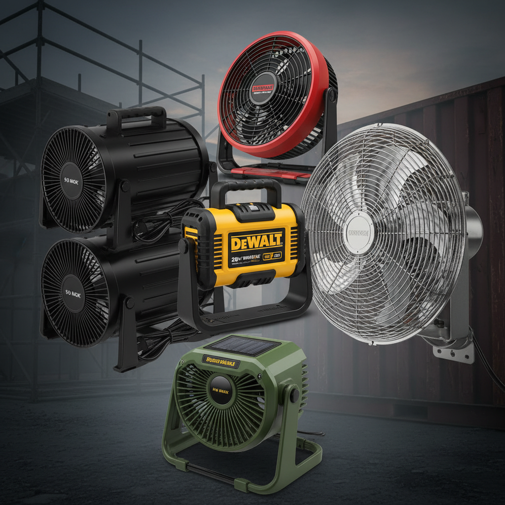 Job site heat extraction fans — yellow DEWALT 20V MAX cordless fan, black heavy duty metal corded 2-pack, red CRAFTSMAN cordless fan, green portable solar rechargeable fan, silver industrial wall mount fan