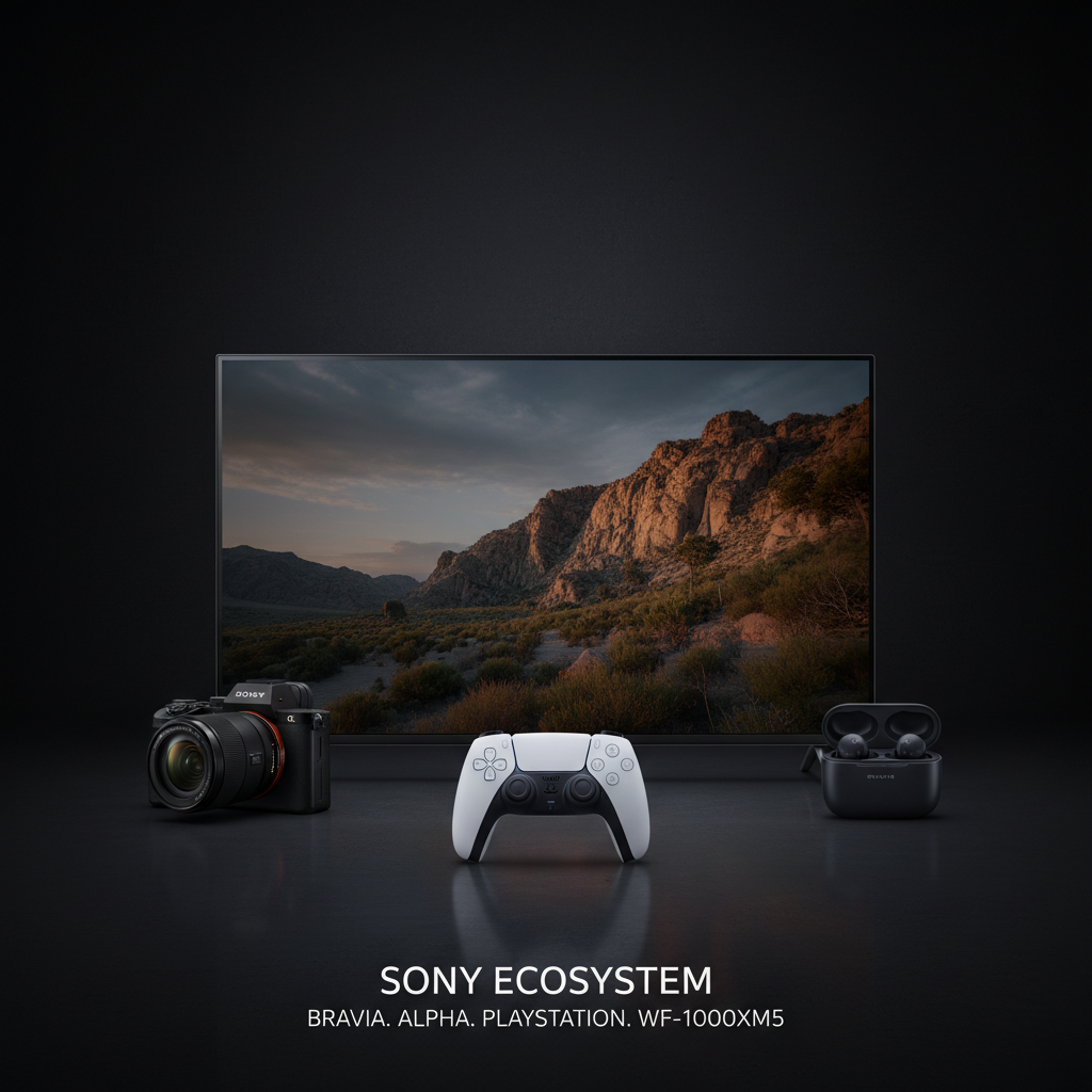 Sony product ecosystem — BRAVIA 4K Smart TV, WF-1000XM5 earbuds, camera, and soundbar