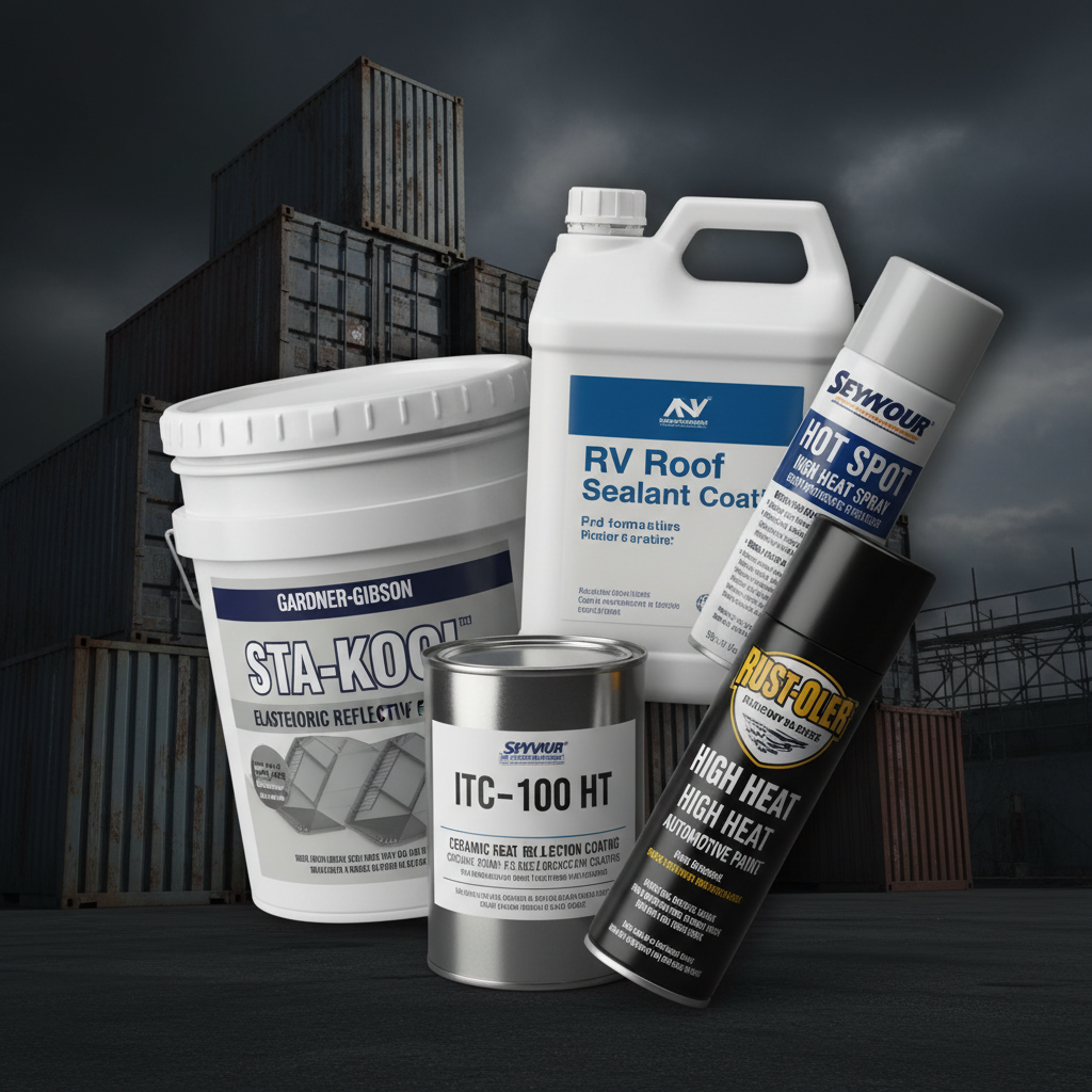 Heat reflecting and high temperature paint products — white Gardner-Gibson 5-gallon elastomeric coating, ITC-100 HT ceramic coating pint, black Rust-Oleum high heat spray, white RV roof sealant gallon, silver Seymour hot spot spray