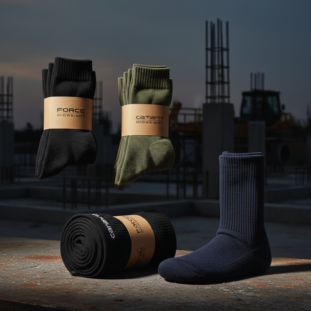 Carhartt Force work boot socks — black 3-pack, olive green 2-pack, black 6-pack midweight crew socks and navy knee high work boot socks