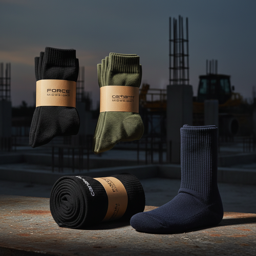 Carhartt Force work boot socks — black 3-pack, olive green 2-pack, black 6-pack midweight crew socks and navy knee high work boot socks