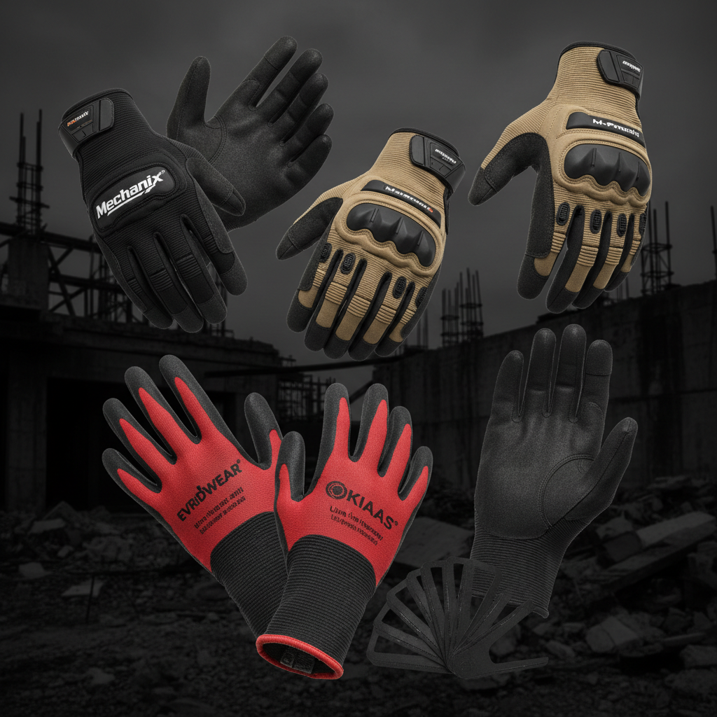 Work gloves collage — black Mechanix Original, tan M-Pact tactical, coyote Mechanix Covert, red and black nitrile coated, black OKIAAS lightweight gloves