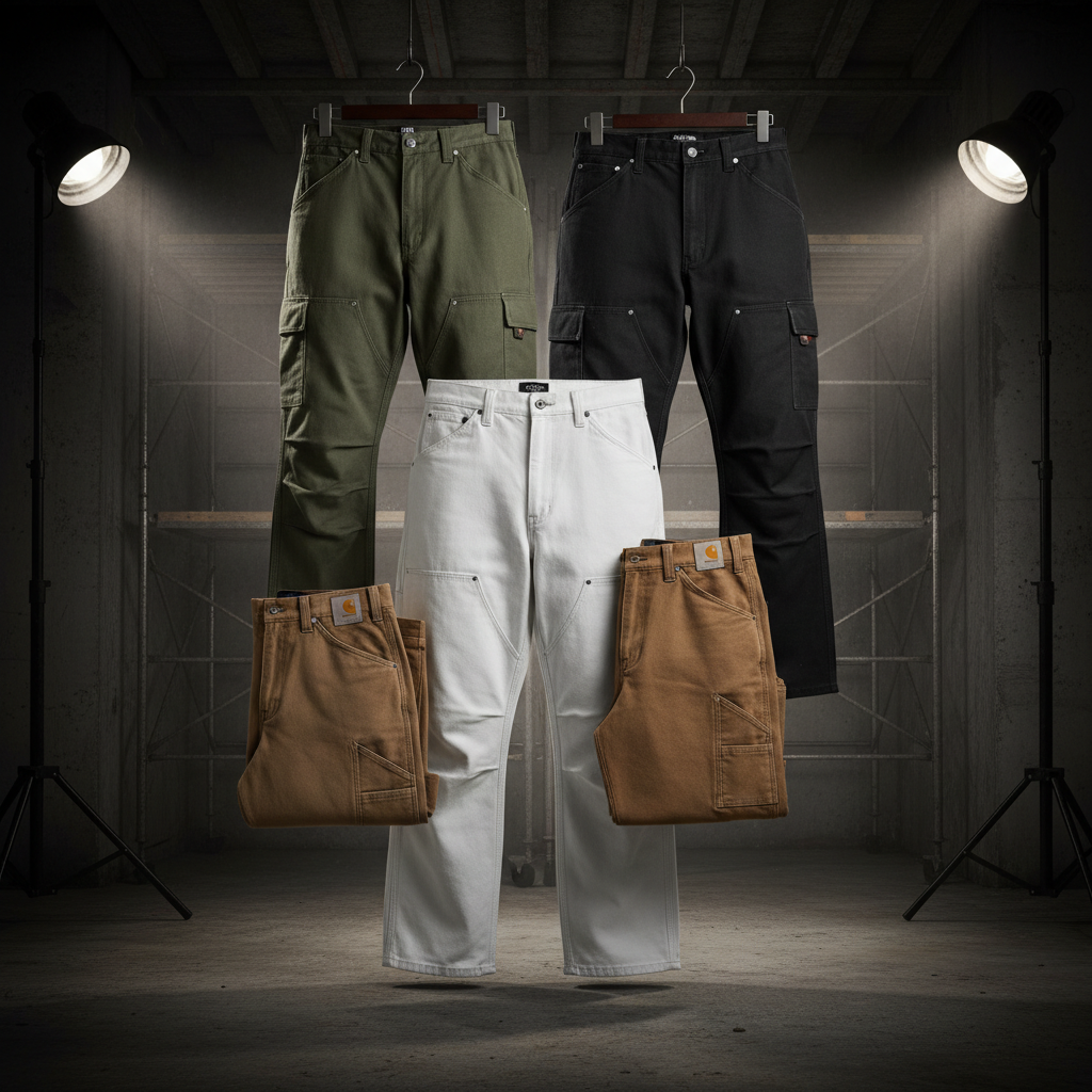Dickies and Carhartt work pants — white painter's pants, brown carpenter, khaki loose fit, olive rugged flex cargo, black double-front cargo