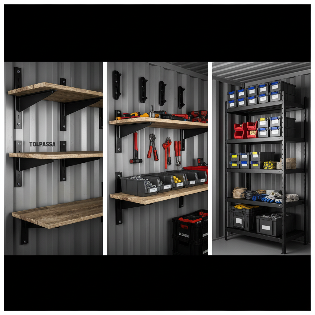 Shipping container interior shelving brackets — black TOLPASSA container shelf brackets installed on corrugated walls with wood shelves, 4-pack pre-welded Conex shelving system with tools and supplies
