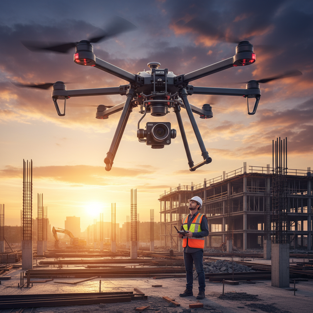 Construction drone hovering over job site with general contractor in hard hat operating it in the background