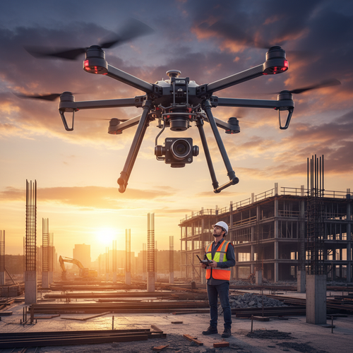 Construction drone hovering over job site with general contractor in hard hat operating it in the background