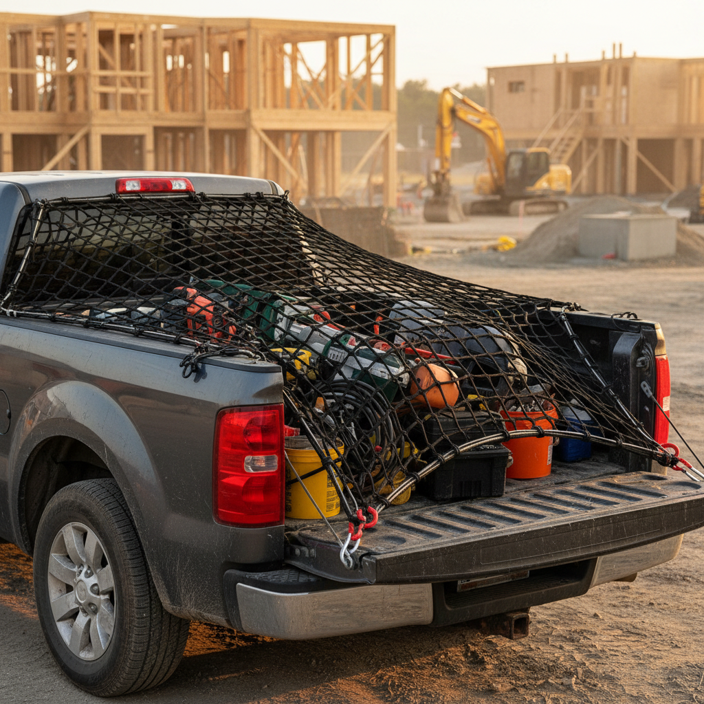 Heavy duty cargo net securing tools and equipment in contractor pickup truck bed