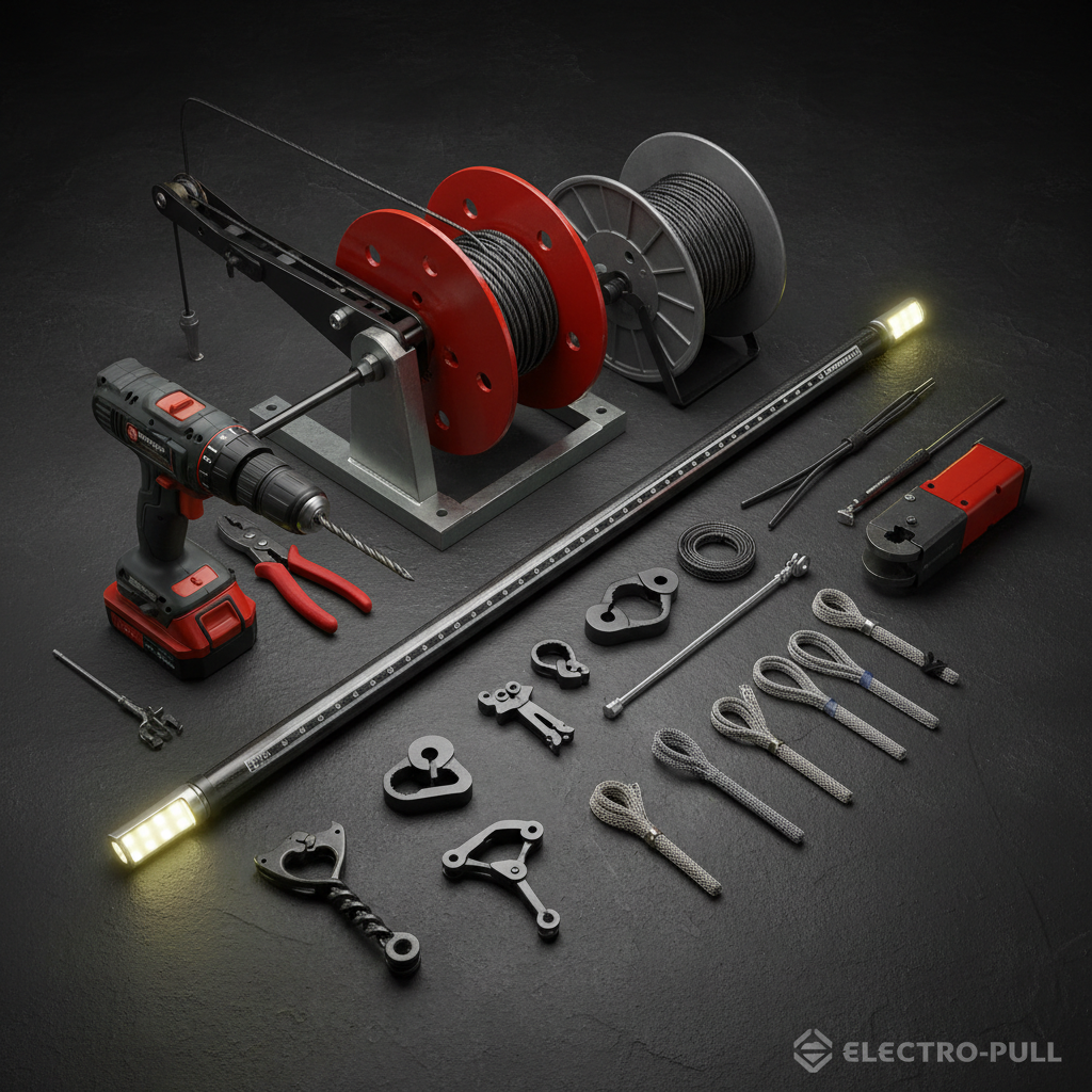 Cable pulling equipment — carbon fiber telescoping fish pole, drill-powered cable puller, wire pulling grips