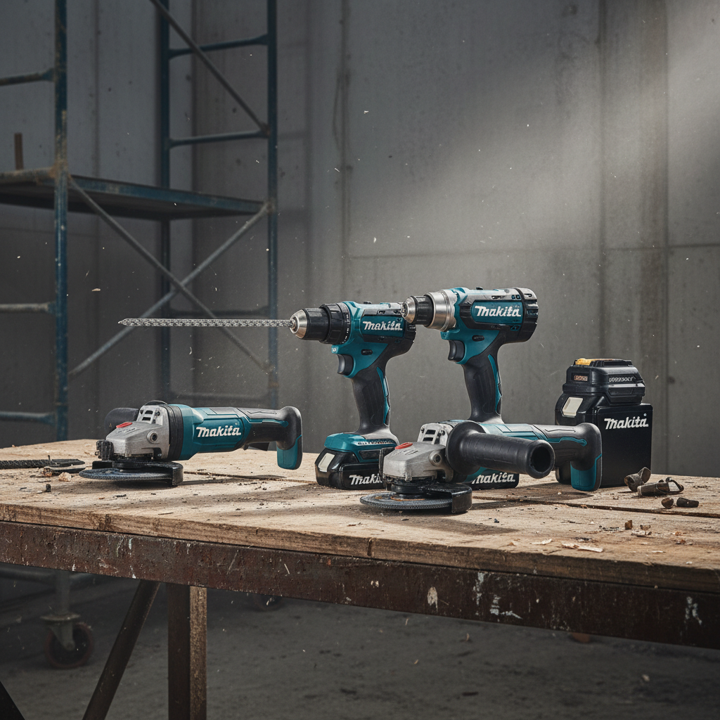 Makita professional cordless power tools display on job site workbench