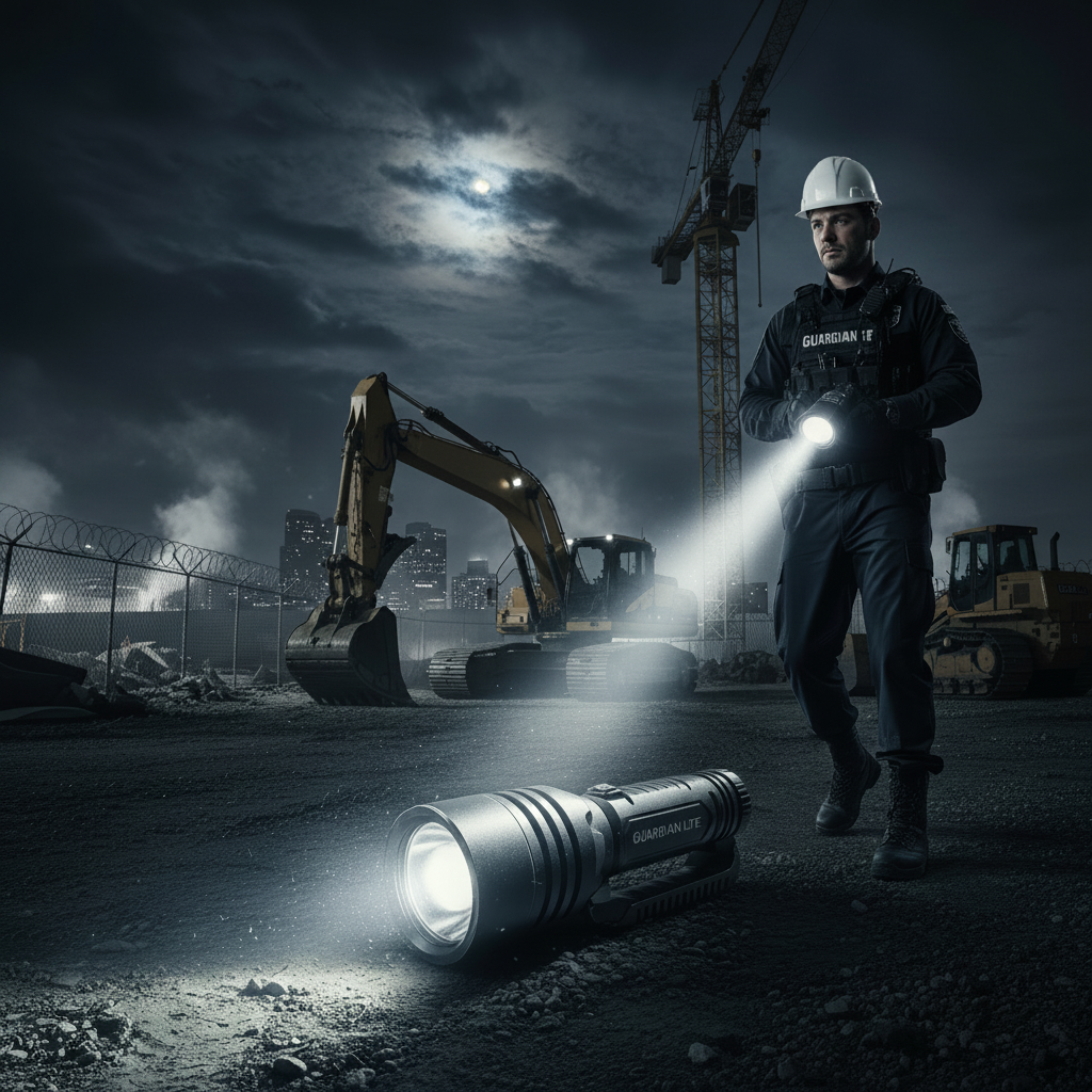 Security guard in hard hat doing nighttime perimeter walk with tactical flashlight on construction job site
