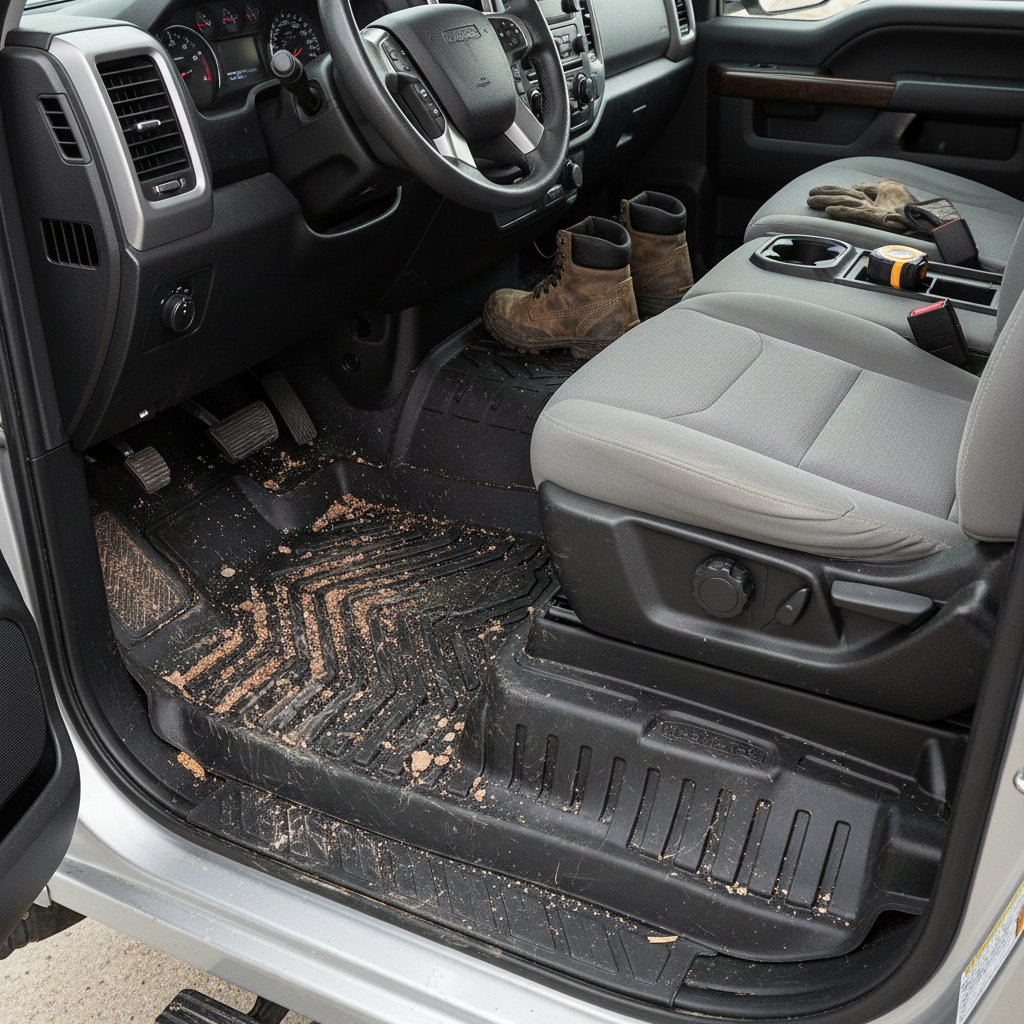 WeatherTech all-weather floor mats inside contractor work truck cab