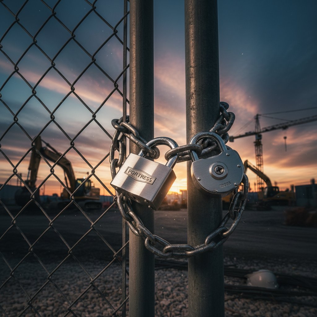 Heavy duty gate lock and security chain securing a construction job site entrance gate