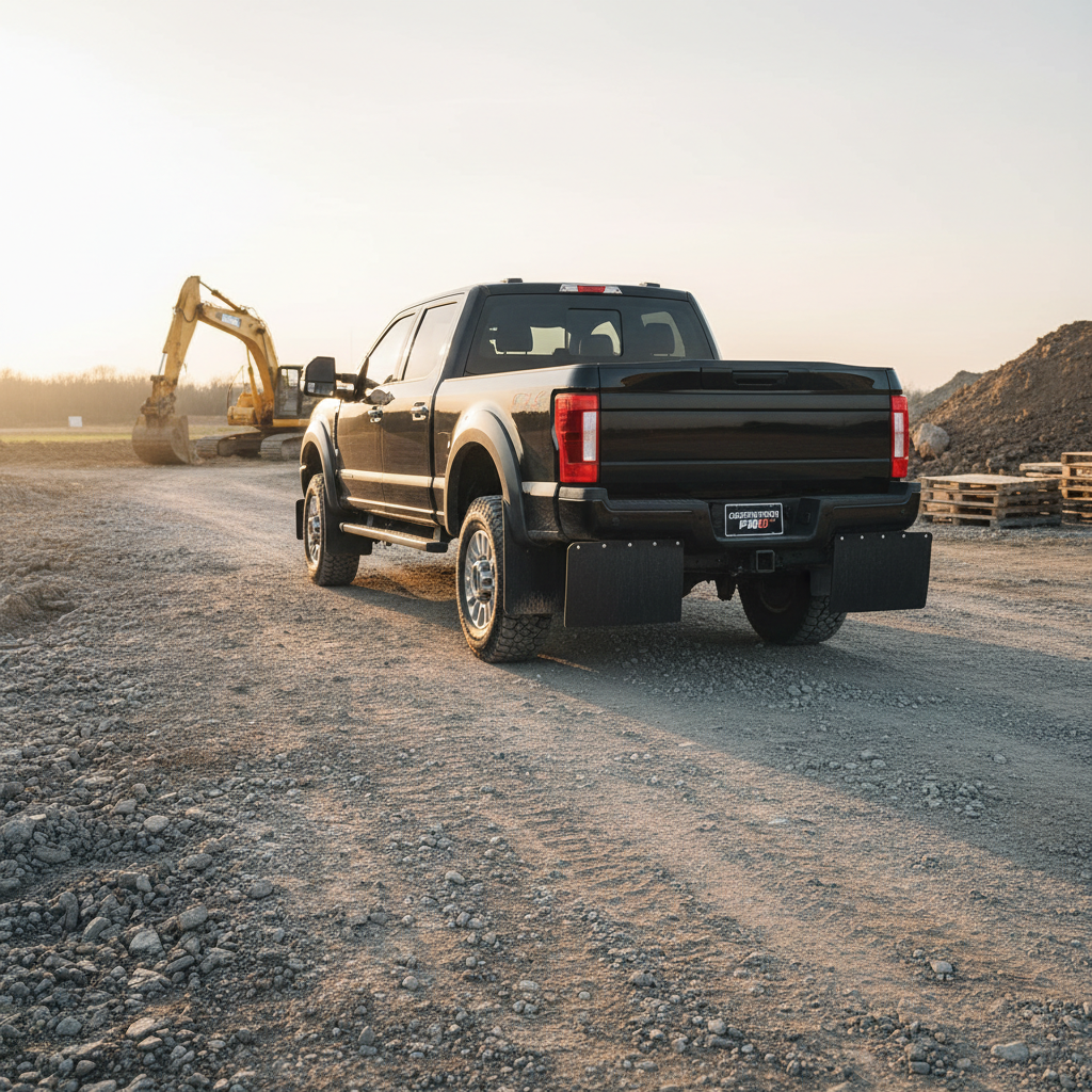 Heavy duty black mud guards and flaps on contractor work truck at job site