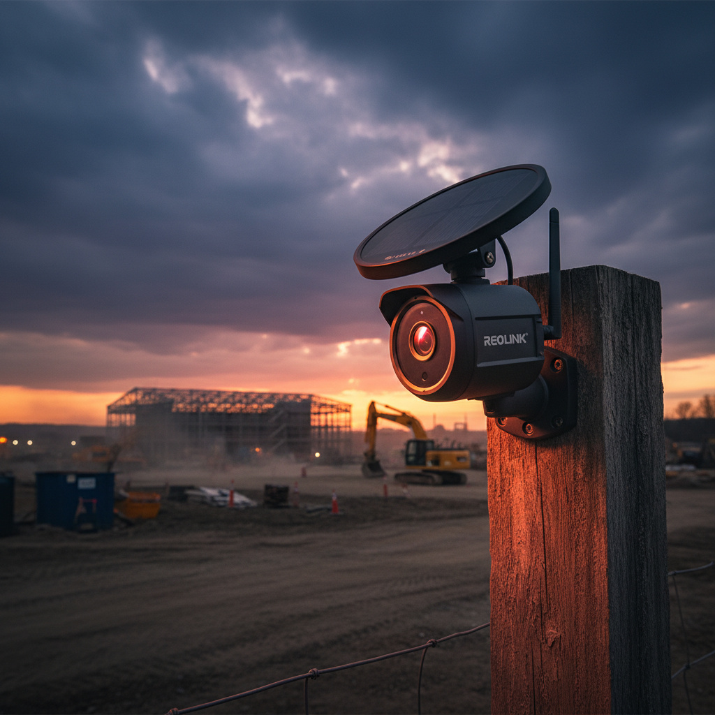 REOLINK 4K LTE Cellular Security Camera mounted on job site fence post