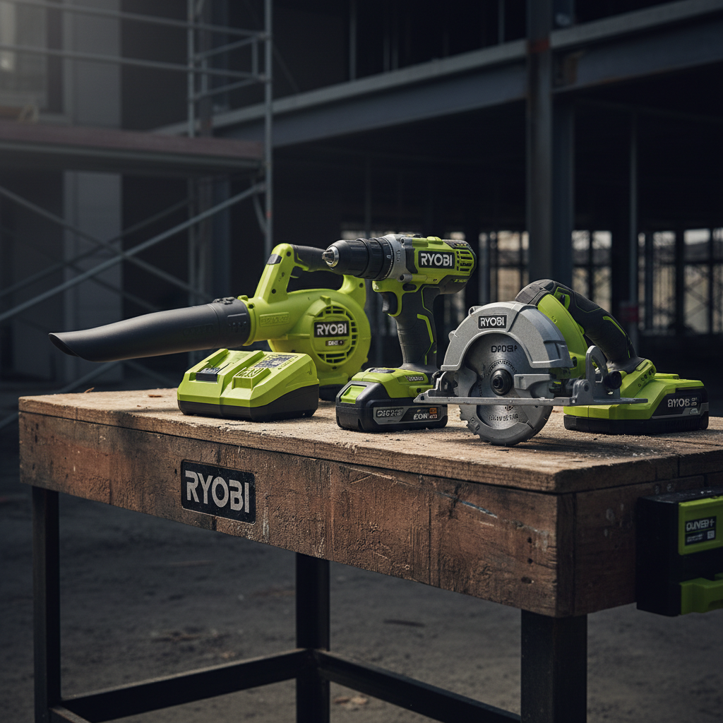 Ryobi ONE+ cordless power tools display on job site workbench