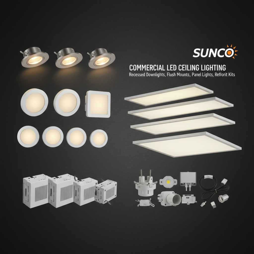 Sunco commercial LED ceiling lighting — recessed downlights, flush mount, flat panels, retrofit kits