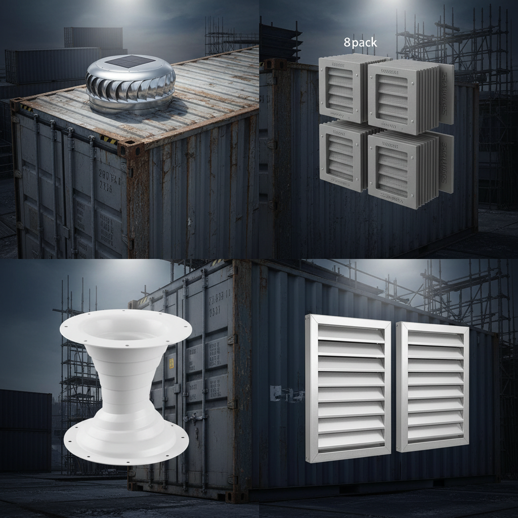 Conex container ventilation — silver solar-powered roof vent fan, SPARKWHIZ 8-pack cross-flow vents, AdaptAIR whirlybird adapter, louvered wall vent panels