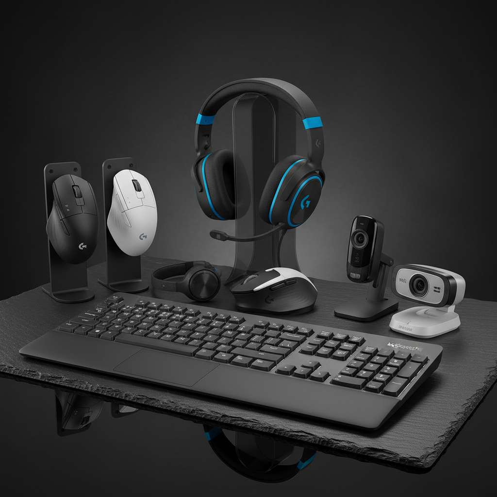 Logitech product collection — wireless keyboards, mice, webcams, headsets