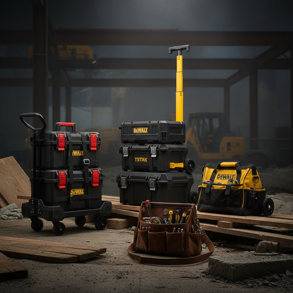 Portable job site tool storage — black DEWALT TSTAK rolling tool box, yellow DEWALT 18-inch rolling tool bag, TSTAK trolley cart, stackable modular tool box, leather open top tool bag