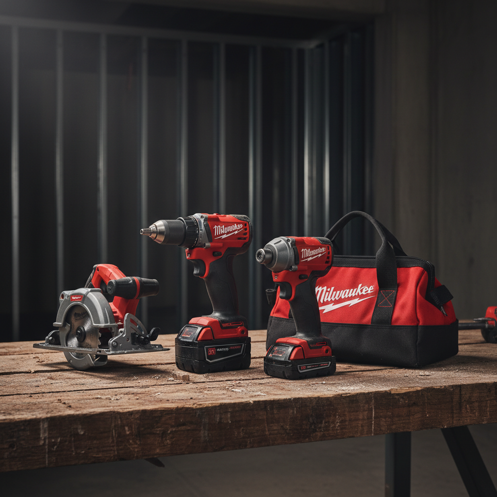 Milwaukee Tool professional power tools display on job site workbench
