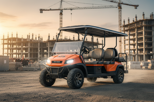 ATS POWER 6-seat electric shuttle golf cart for job site transportation — orange and black all-terrain electric shuttle with rear-facing seats, LED lights, rugged tires on large commercial construction site