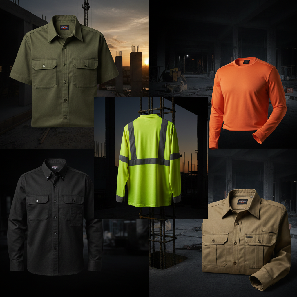 Men's construction work shirts collage — Dickies olive green, Red Kap black, neon yellow hi-vis, orange TRUEWERK UPF, and khaki field shirt