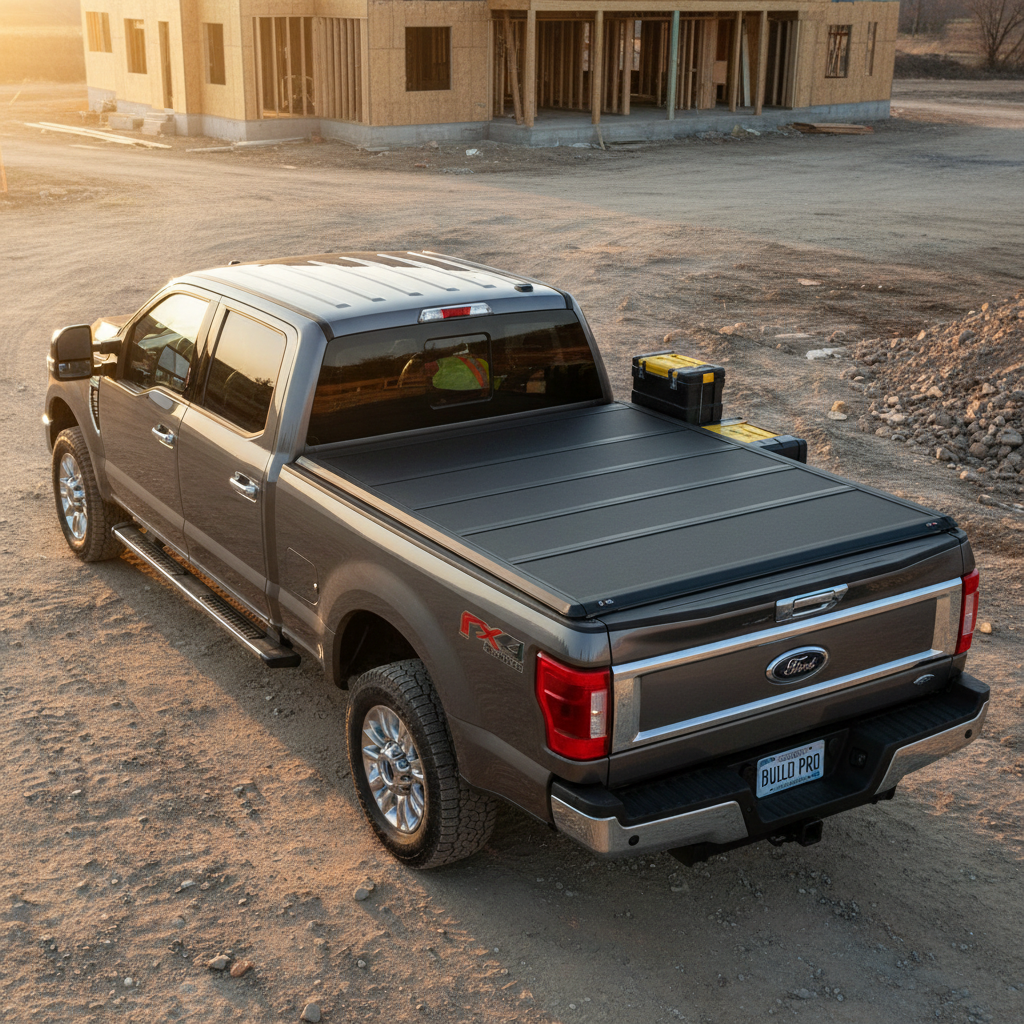 Black roll-up tonneau cover on contractor pickup truck bed at job site