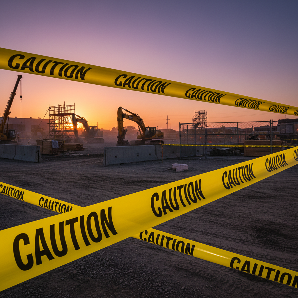 Bright yellow caution tape rolls strung across a construction job site perimeter