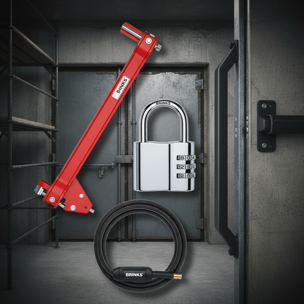 Brinks heavy duty job site security — silver 80mm combination padlock, red adjustable door security bar, black door jammer bar, black heavy duty cable lock