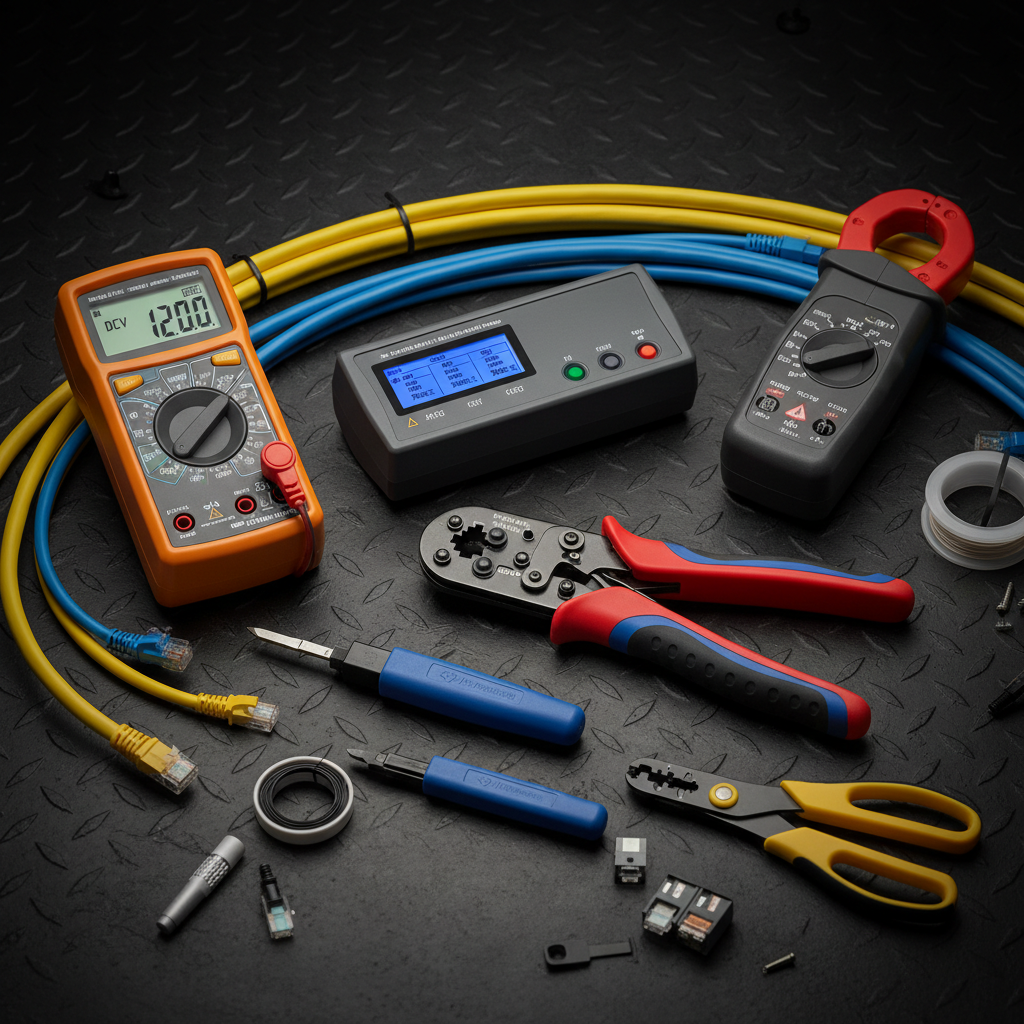 Low voltage technician tools — network cable tester kit, digital multimeter, clamp meter, fiber optic stripper