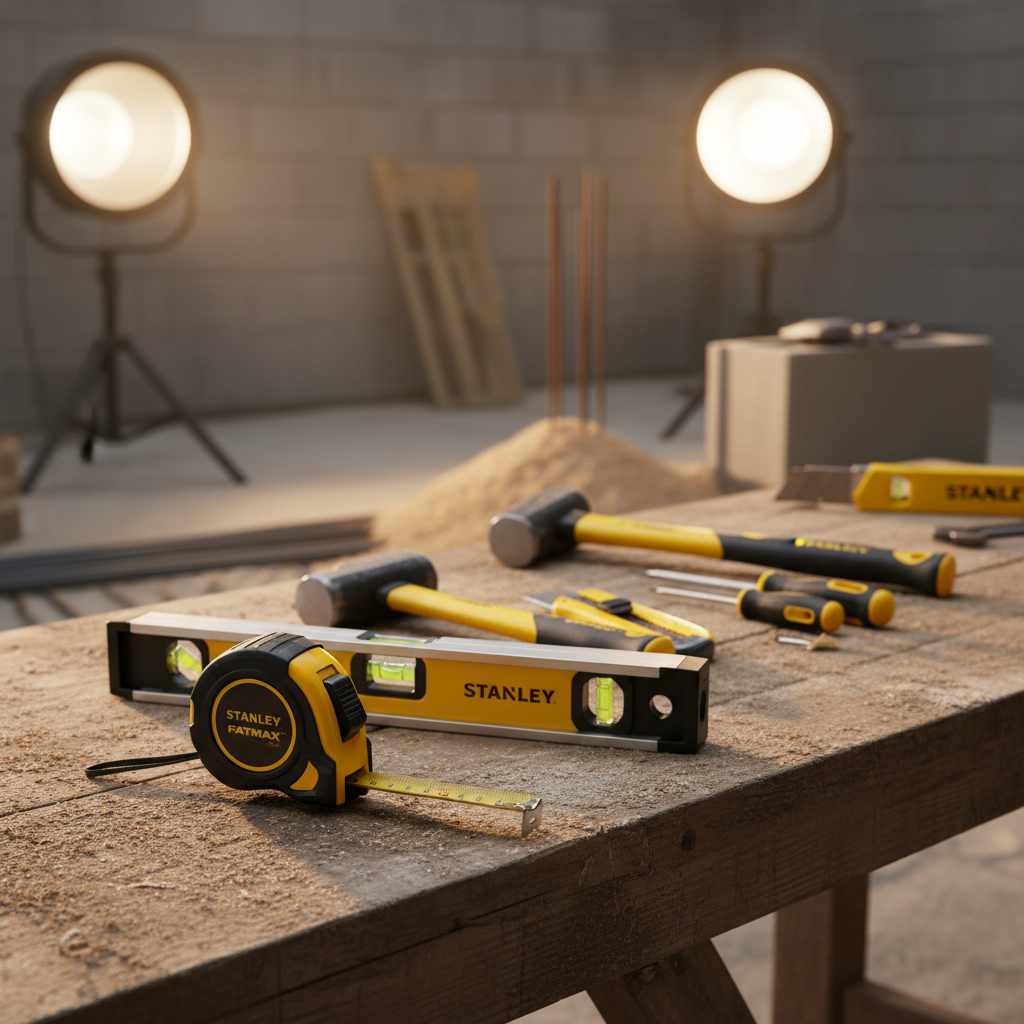 Stanley Tools hand tools with tape measure and level on job site workbench