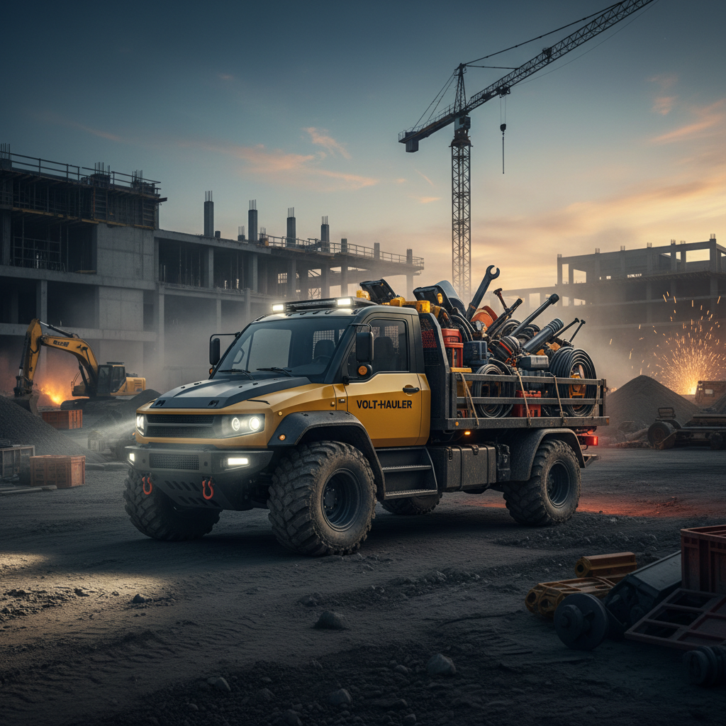 Heavy duty electric cargo utility vehicle loaded with tools on a construction job site