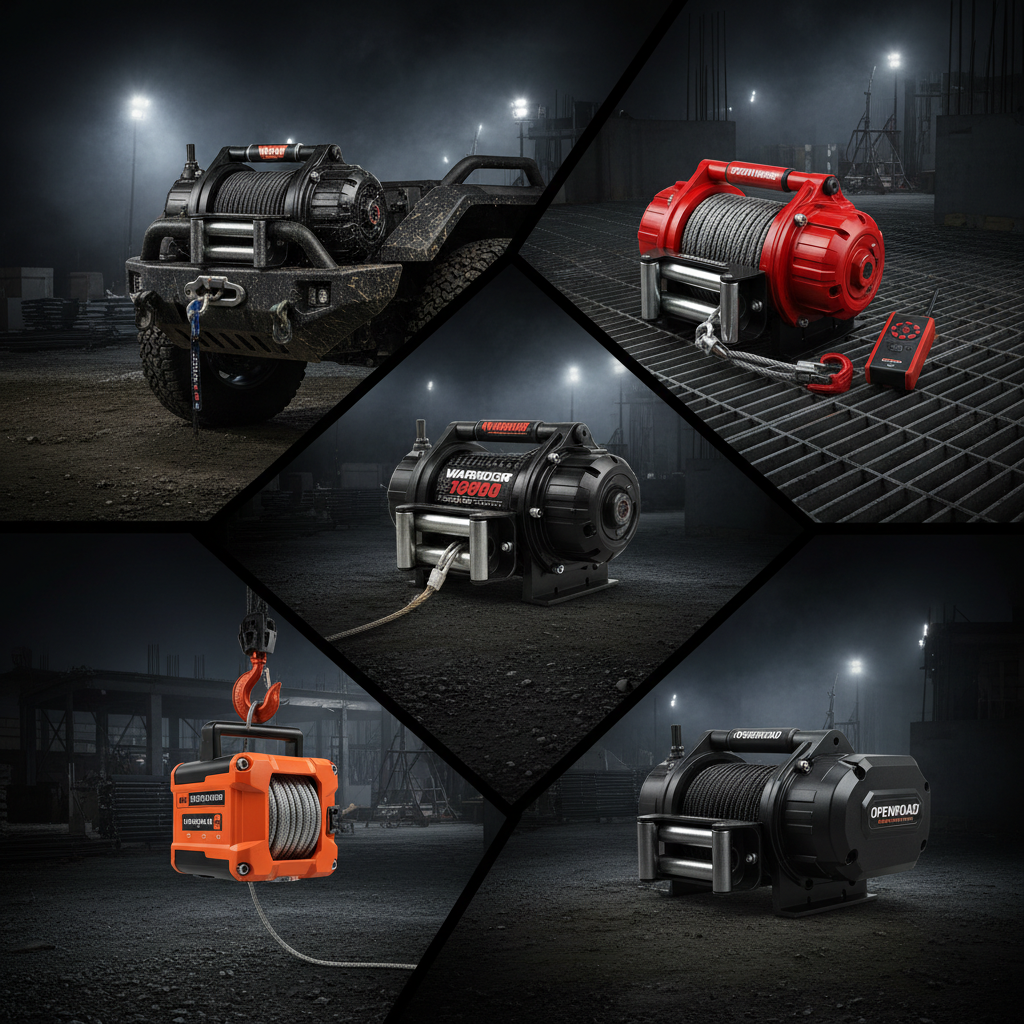 Electric recovery winches — black WARN VR EVO 10000lb with synthetic rope, red Stealth 13500lb with wireless remote, black Warrior Gladiator 10000lb, orange MILE MARKER 1000lb portable, black OPENROAD Panther 13500lb