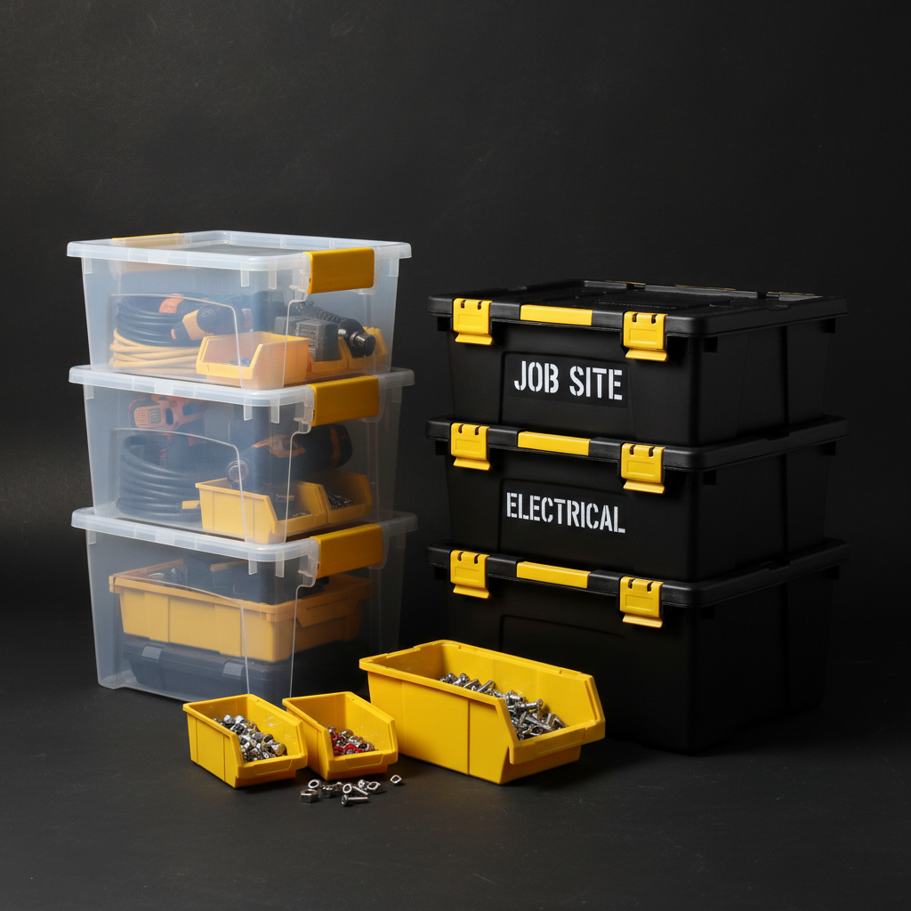 Industrial plastic storage tote bins and organizing containers — heavy duty stackable with lids