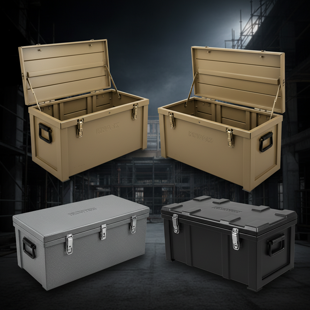 Heavy duty job site storage chests and gang boxes — tan KNAACK Model 60 chest cabinet, tan KNAACK piano-style gang box, grey Ironton 36-inch steel jobsite box, black large steel job box