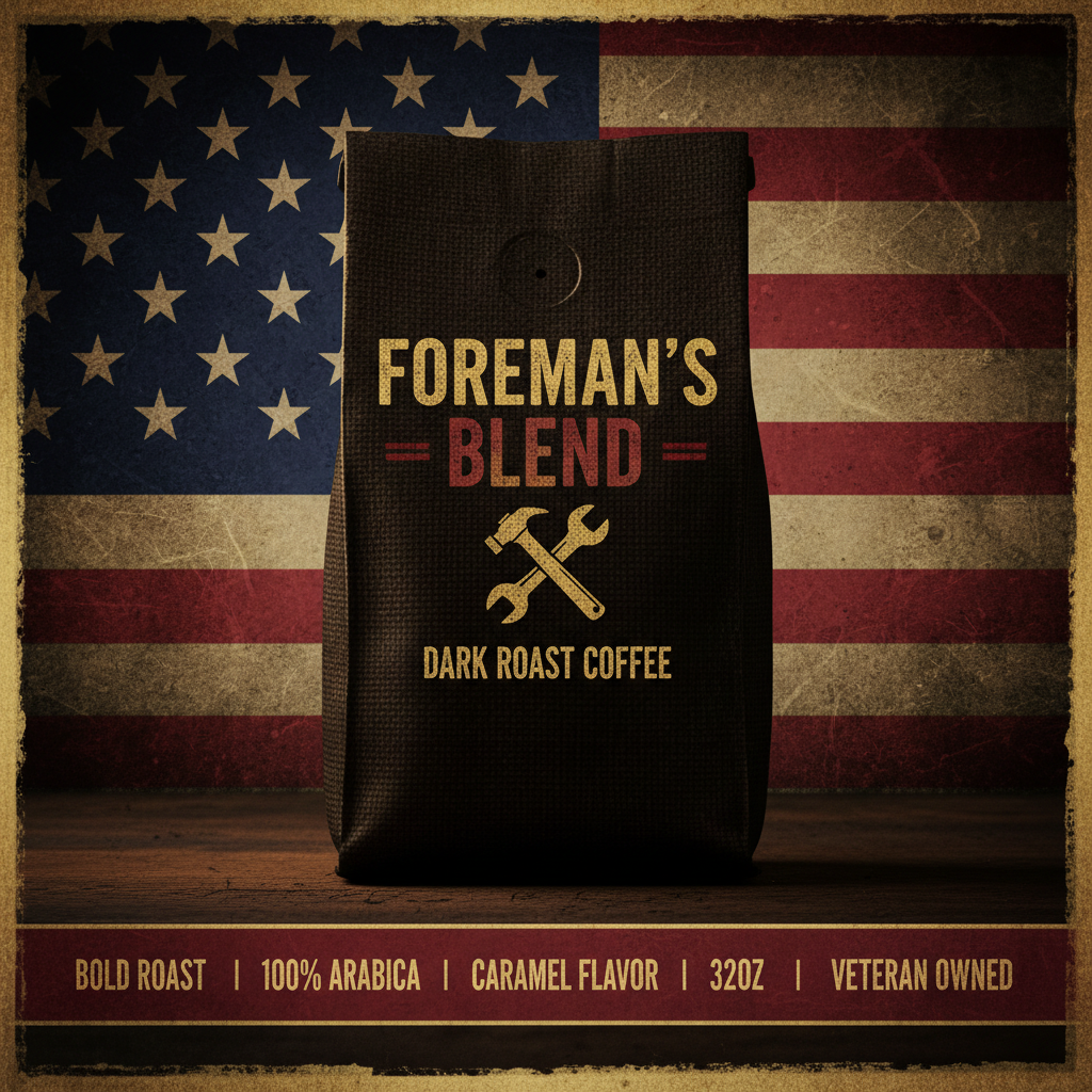 Foreman's Blend bold roast coffee with American flag background