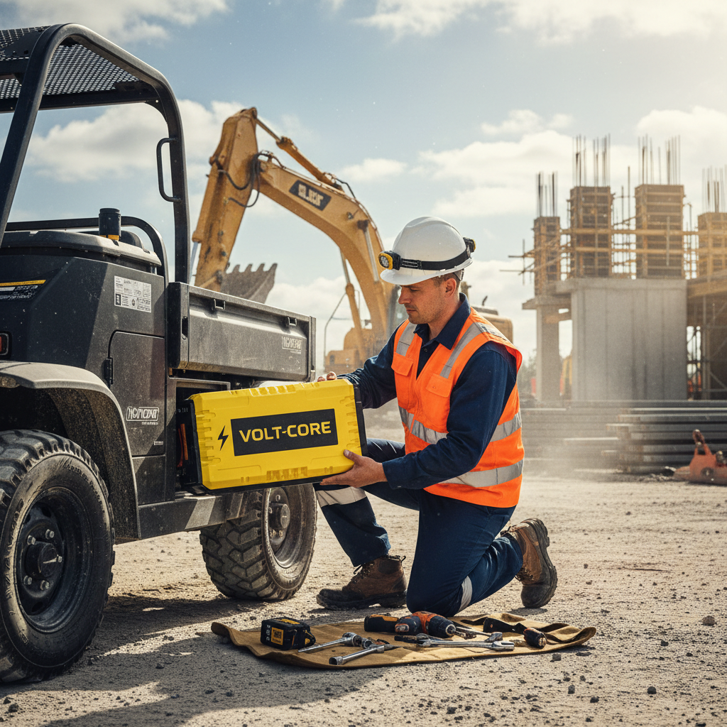 Maintenance worker in hard hat swapping a large yellow lithium battery on an electric job site cart