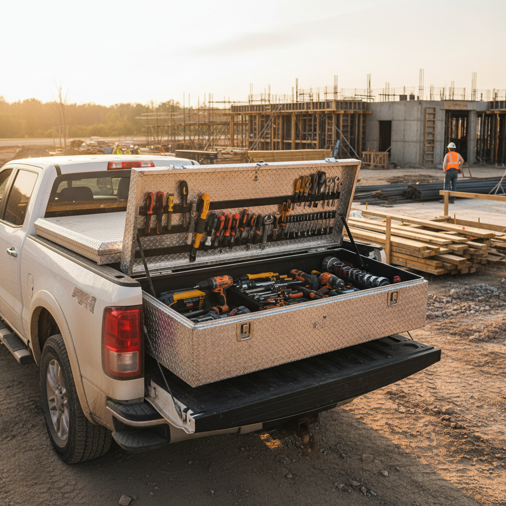 Diamond plate aluminum truck bed toolbox open on contractor pickup truck at job site