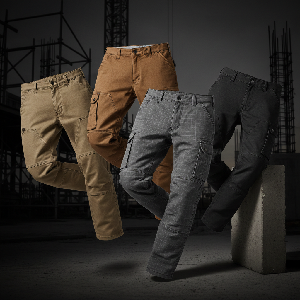 Men's construction work pants collage — khaki Dickies carpenter, brown Carhartt cargo, grey ripstop tactical, black stretch work pants