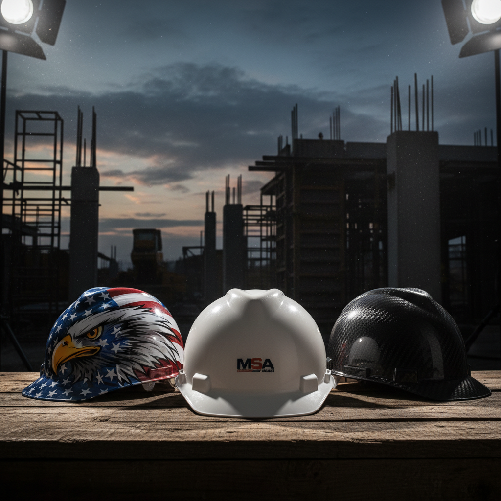 MSA V-Gard Hard Hats — multiple styles including white standard, American Eagle, and carbon fiber